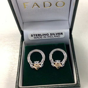 Claddagh stone set earrings gold plated heart E118