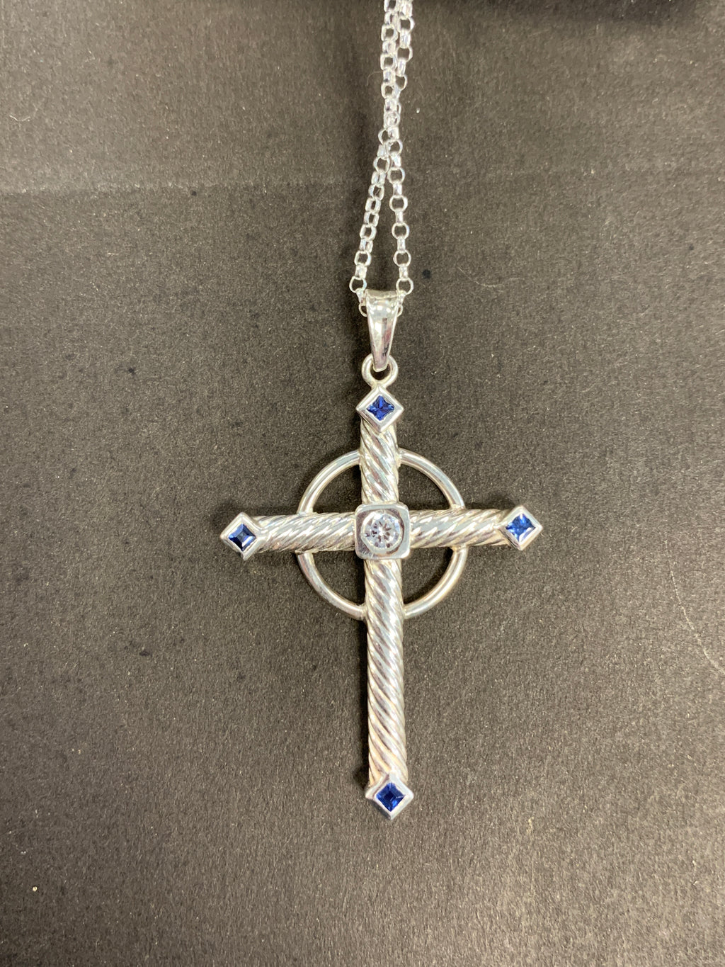 Silver Cross with blue and diamond stone