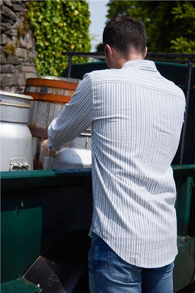 Men's Flannel Grandfather Shirt - Blue and Ivory Stripe (LV2)