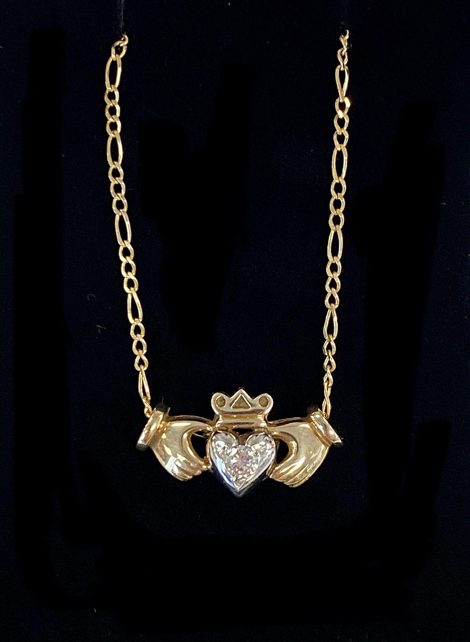 14K Gold Claddagh Necklace with Real Diamond
