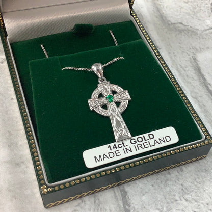 14K white gold Celtic cross with real emerald MA63FW