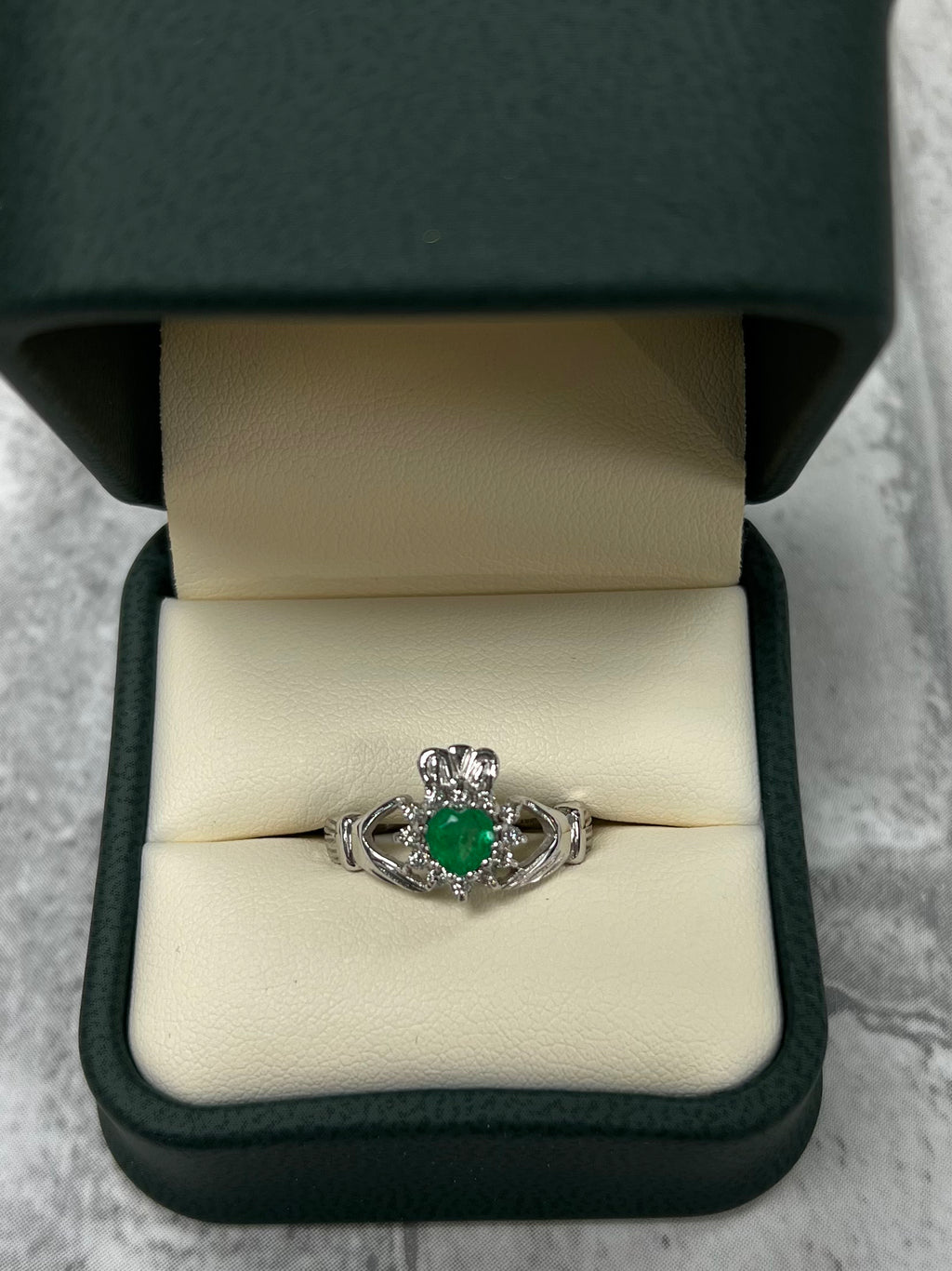 14K White Gold Claddagh Real Emerald and Diamond G304W