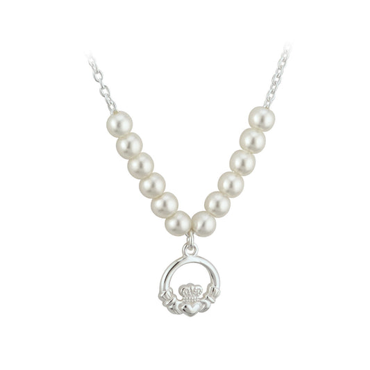 RHODIUM PLATED PEARL CLADDAGH NECKLET Code: S45071