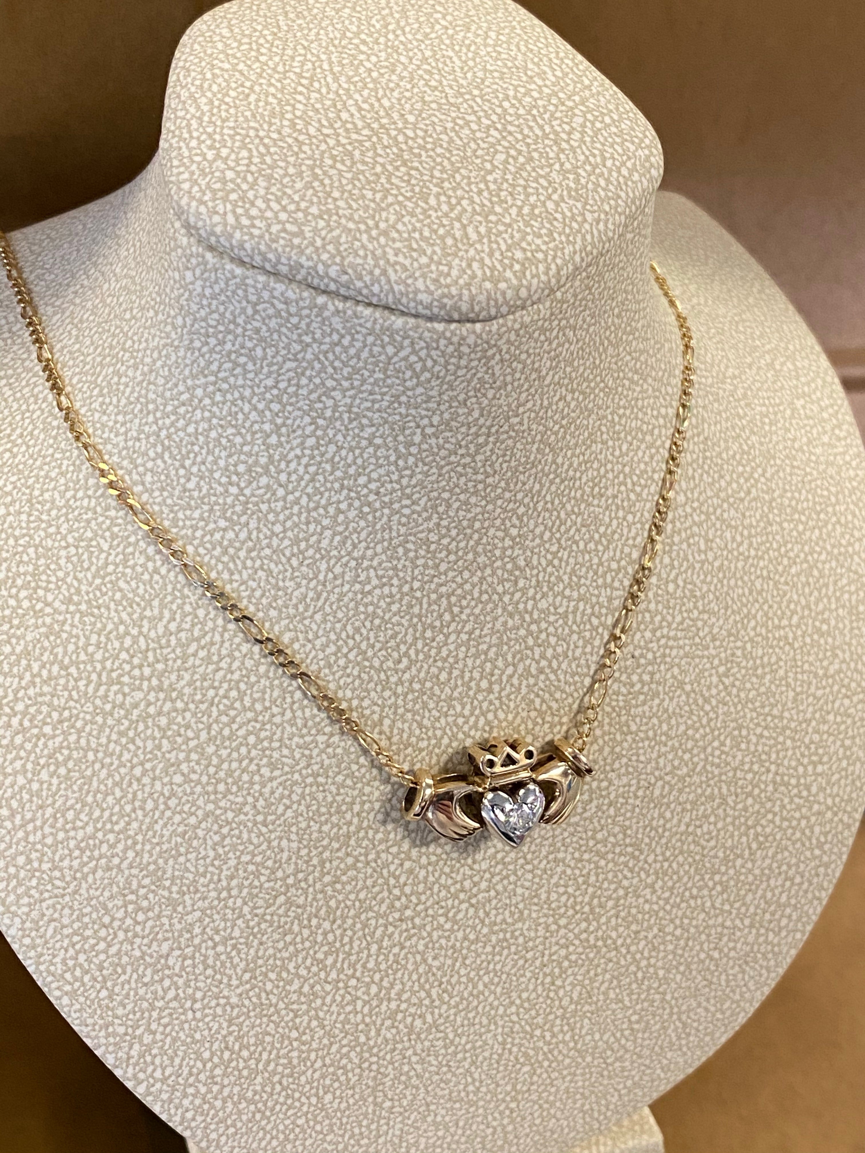 14K Gold Claddagh Necklace with Real Diamond