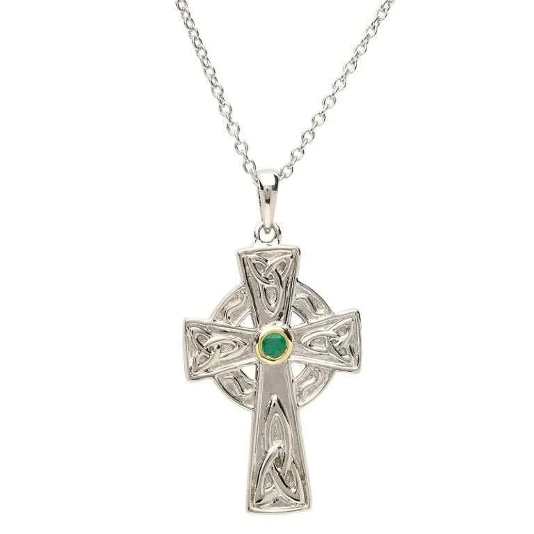 Silver Emerald Set Celtic Knot Design Cross SKU: SF27