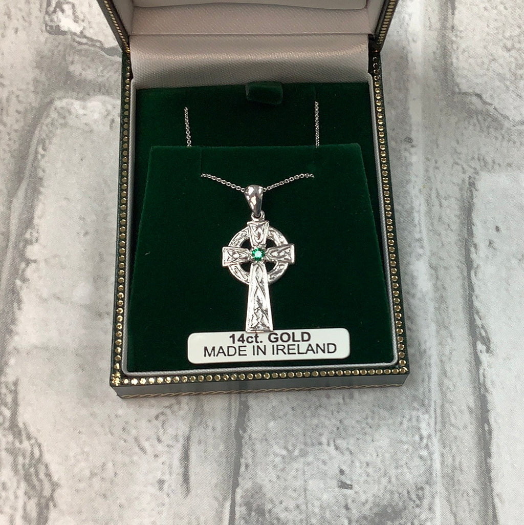 14K white gold Celtic cross with real emerald MA63FW
