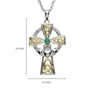 Silver Celtic Trinity Cross Set With Emerald And Diamond (Medium Size) SF34