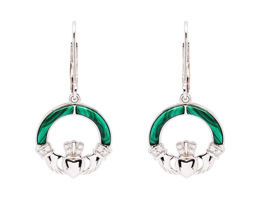 Sterling Silver Claddagh Drop with Malachite Earrings SE2330