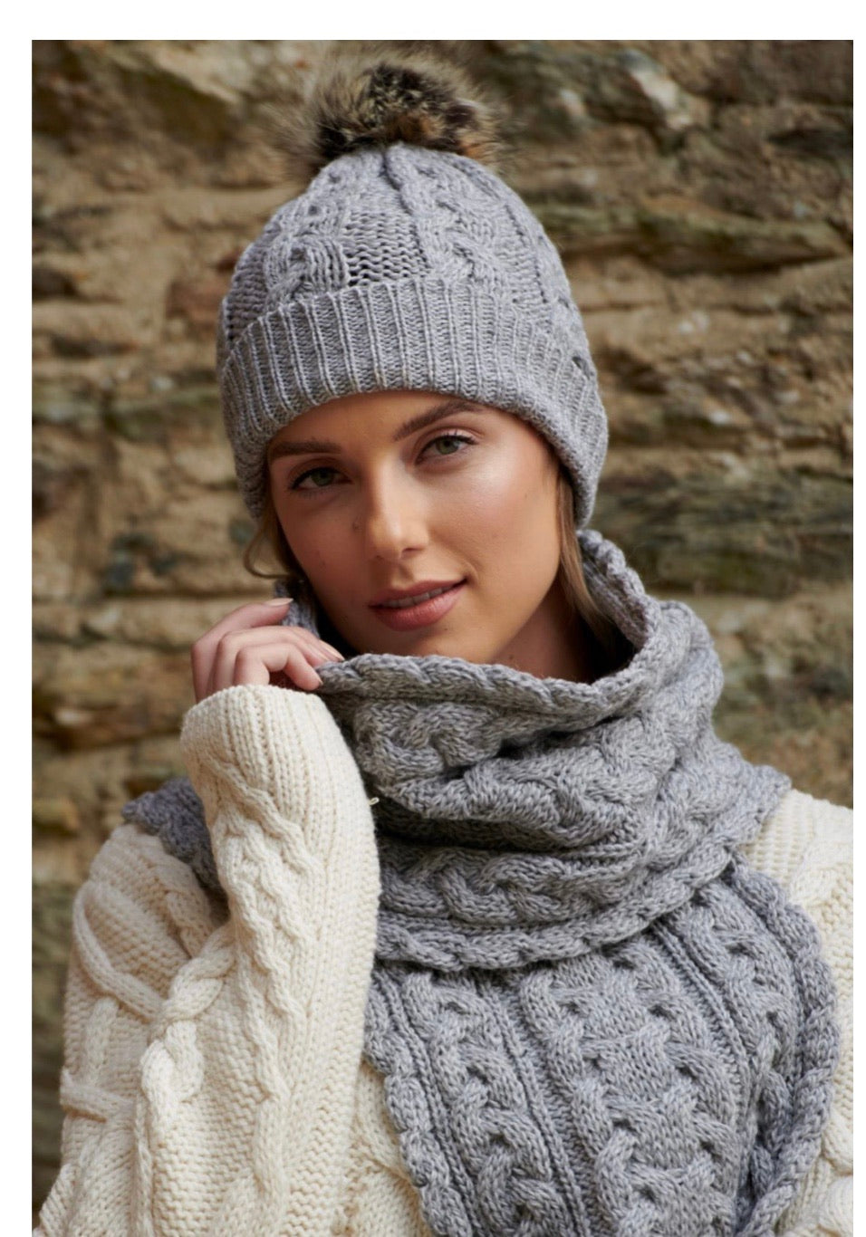 CHUNKY CABLE SCARF & HAT in light grey (sold separate but match as set)