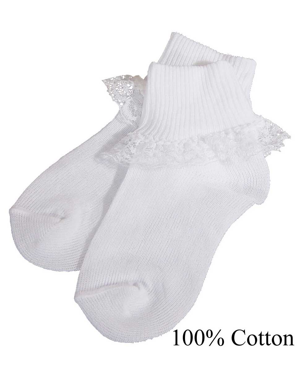 2106SK Girls White Cotton or Nylon Anklet Socks with Lace