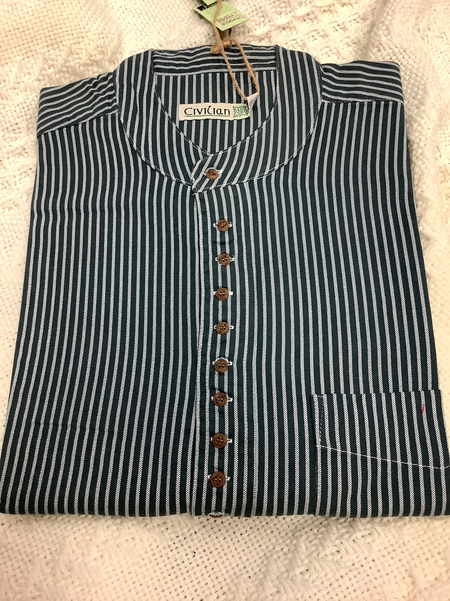 Civilian grandfather shirtSW254 Green with white stripes