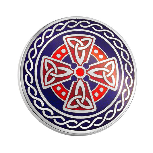 RHODIUM BLUE/RED ENAMEL ROUND CROSS BROOCH Code: S10004B