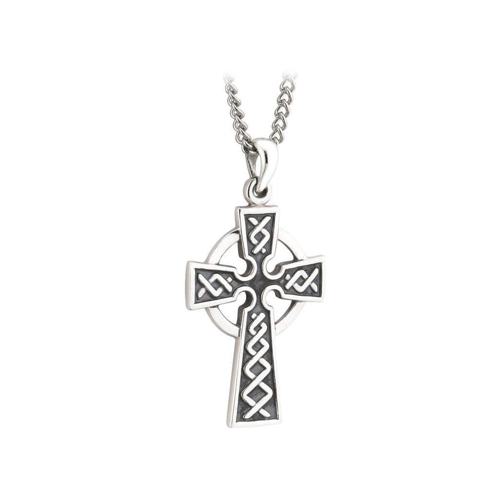 Silver double sided oxidized Celtic cross on steel chain S44761