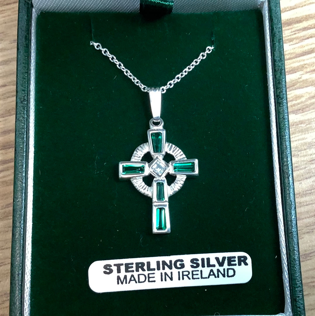 Sterling Silver Celtic cross with green stones S Ma162