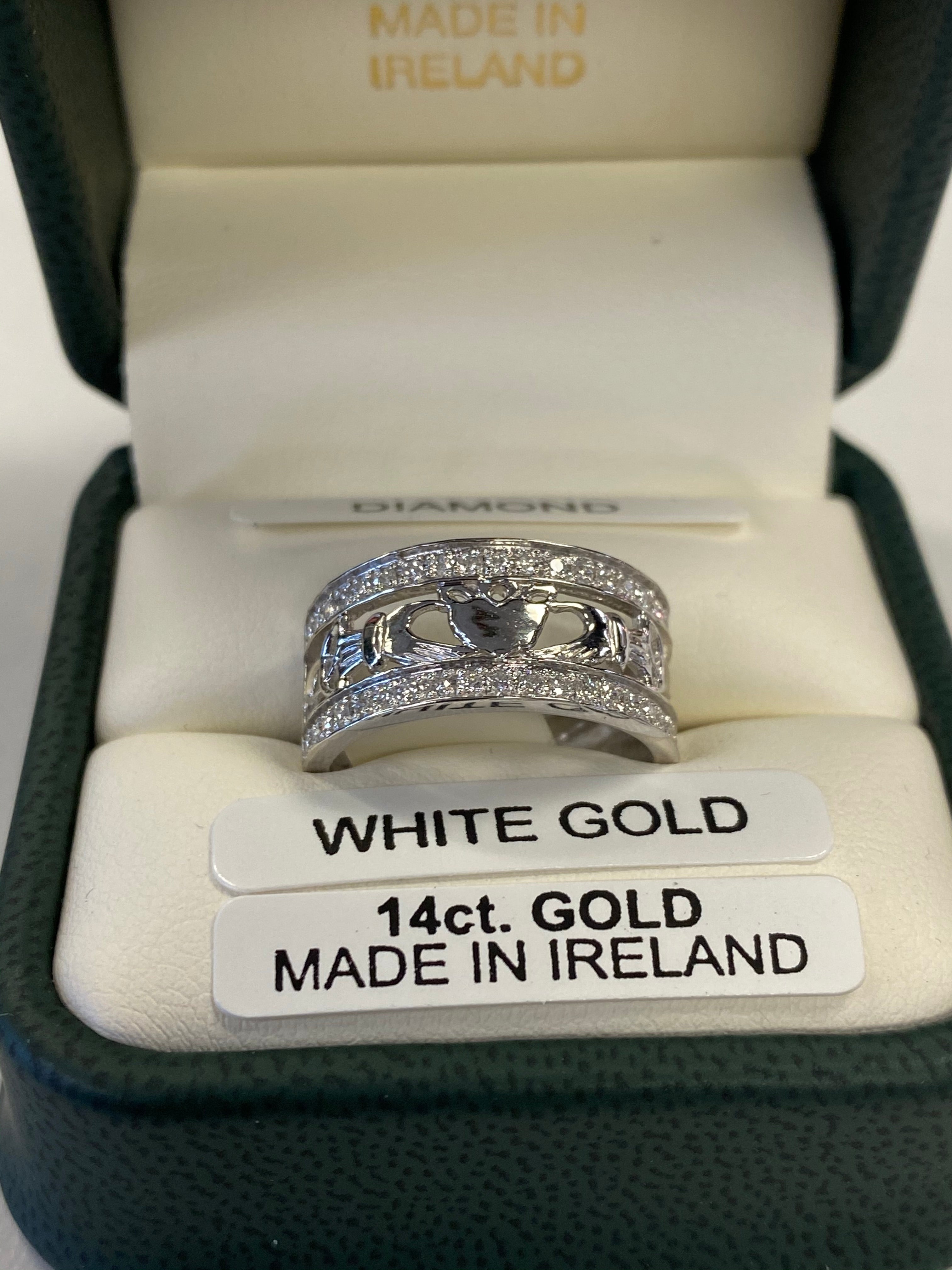 14k white gold diamond set claddagh with trinity G371W