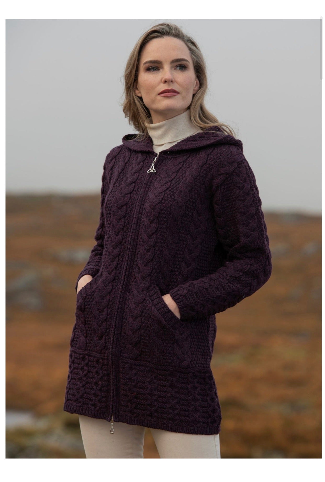 GALWAY HOODED COAT WITH CELTIC KNOT ZIPPER HD4025 Damson