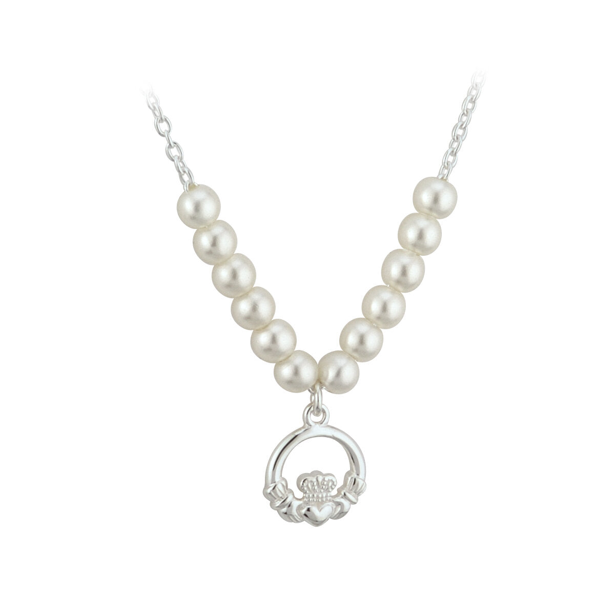 RHODIUM PLATED PEARL CLADDAGH NECKLET