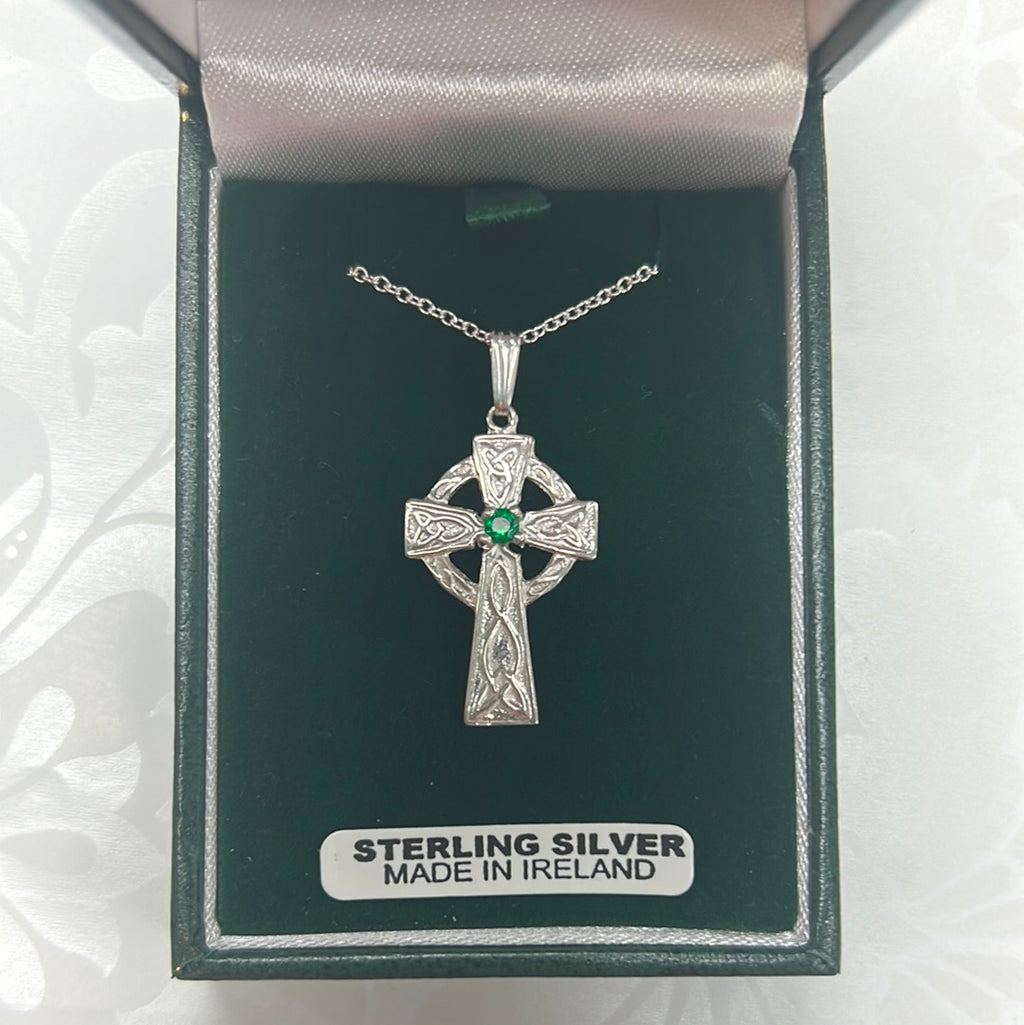 Sterling Silver Celtic cross with green stone large S MA57SS
