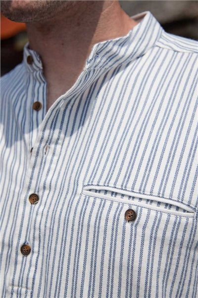 Men's Flannel Grandfather Shirt - Blue and Ivory Stripe (LV2)