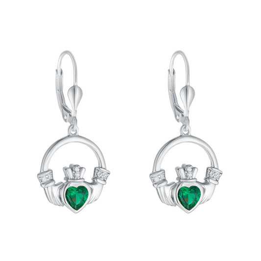 STERLING SILVER LARGE GREEN CZ HEART CLADDAGH EARRINGS S34175