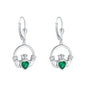 STERLING SILVER LARGE GREEN CZ HEART CLADDAGH EARRINGS S34175