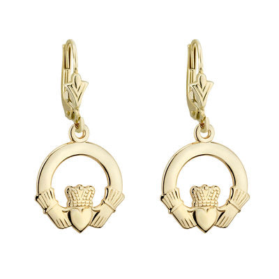 14K GOLD LARGE PLAIN CLADDAGH DROP EARRINGS S3362