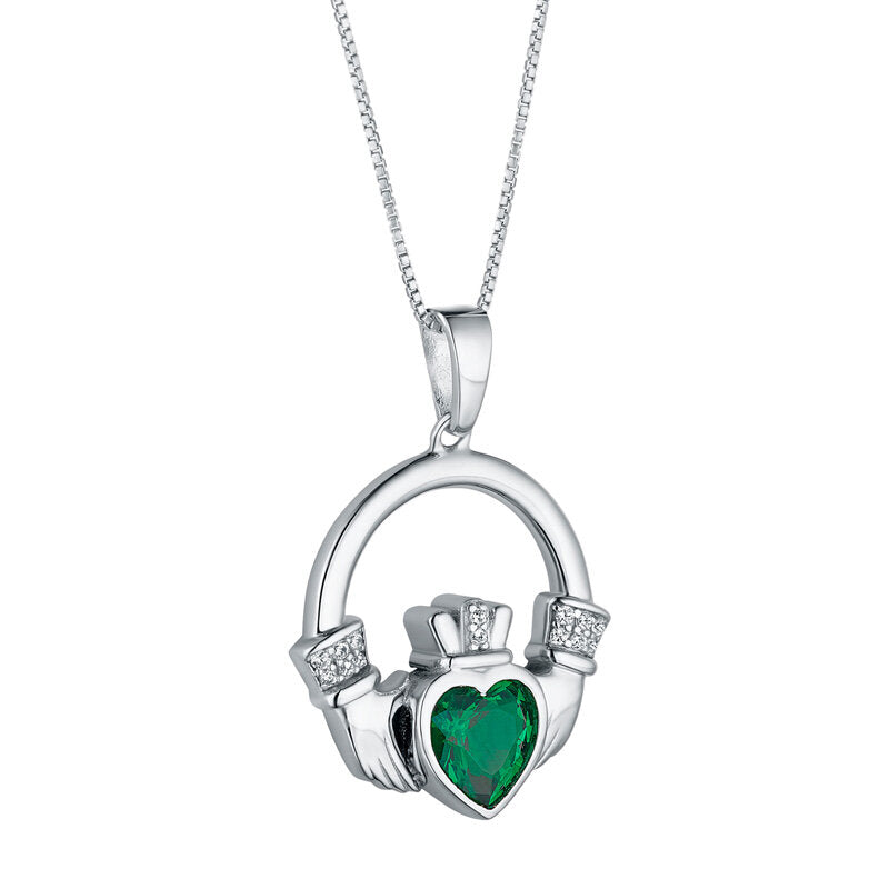 STERLING SILVER LARGE GREEN CZ HEART CLADDAGH NECKLACE S46950