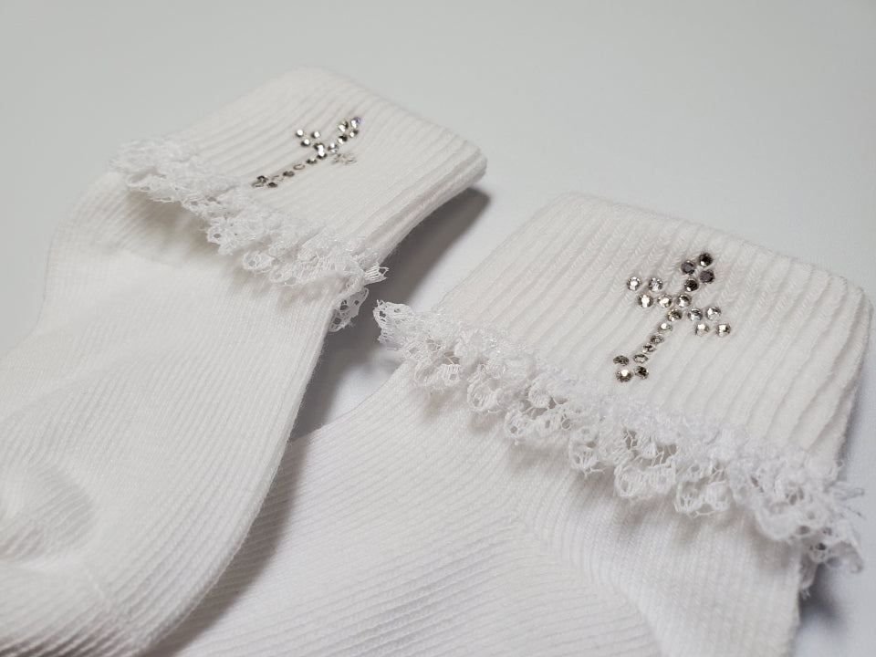 FIRST COMMUNION SOCKS W/ CRY. CROSS &  LACE FC-G12