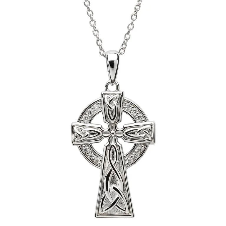 Large Celtic Stone Set Trinity Knot Silver Cross SF30