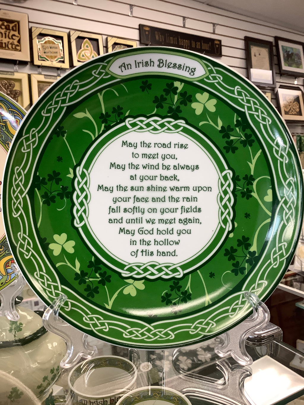 An Irish blessing shamrock plate with stand