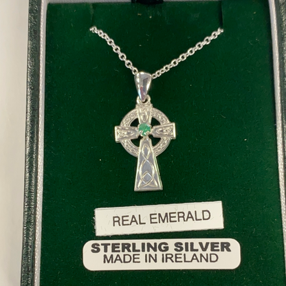 Sterling Silver medium Celtic Cross with Emerald - medium MA24SS