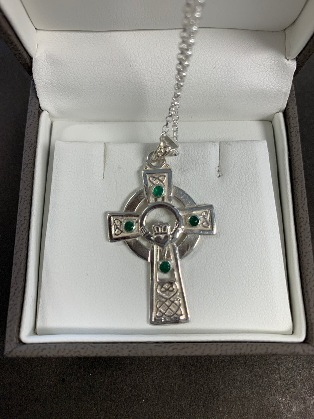 Silver heavy Celtic cross with green agate stones