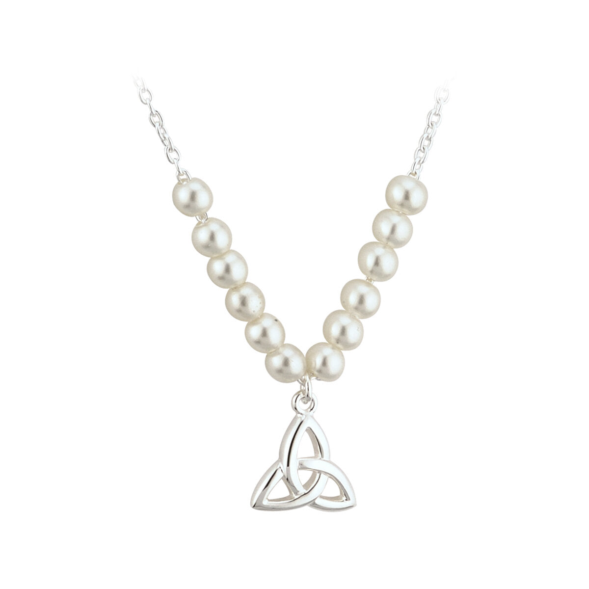 RHODIUM PLATED PEARL TRINITY KNOT COMMUNION NECKLET Code: S45073