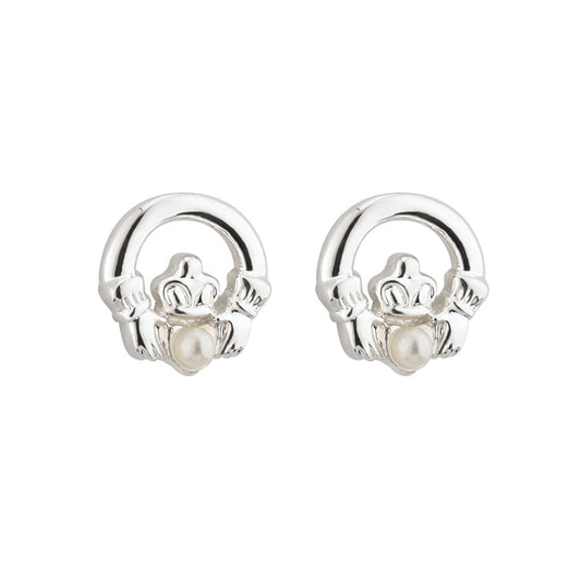 RHODIUM PLATED PEARL CLADDAGH EARRINGS S33365