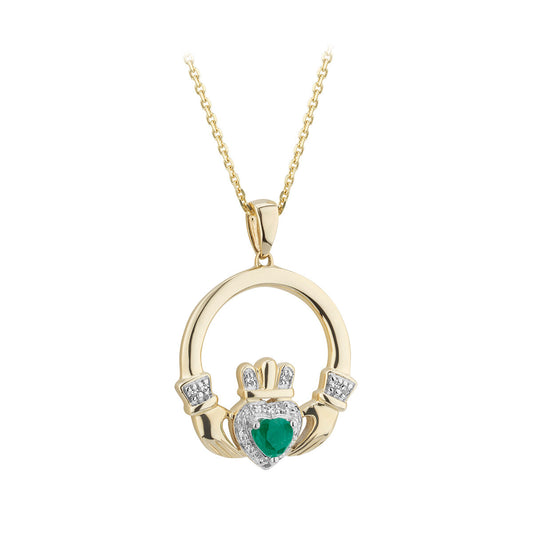 14K GOLD EMERALD & DIAMOND CLADDAGH NECKLACE S46531