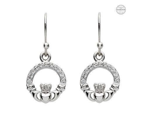 Platinum Plated White Hanging Claddagh Earrings