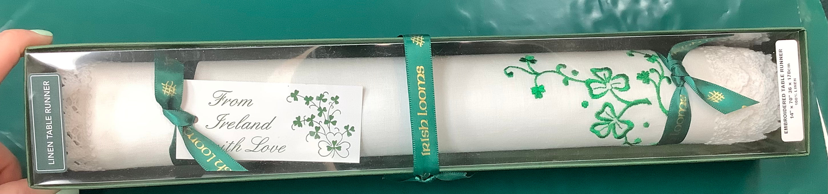 Linen table runner green embroidered shamrocks 14”x70”