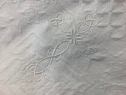Embroidered white Celtic cross blanket WCC1