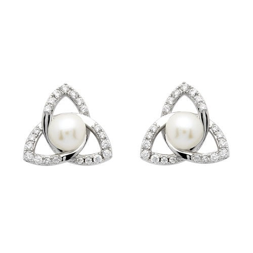 Silver Trinity Earrings with Encrusted Crystals and Pearl