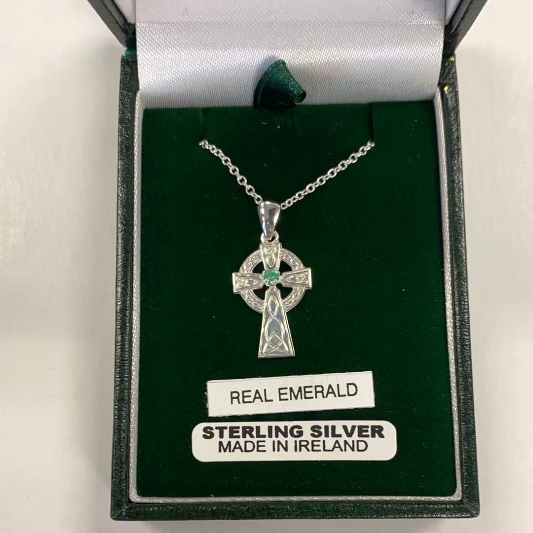 Sterling Silver medium Celtic Cross with Emerald - medium MA24DS