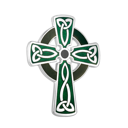 RHODIUM GREEN ENAMEL CELTIC CROSS BROOCH Code: S10003G