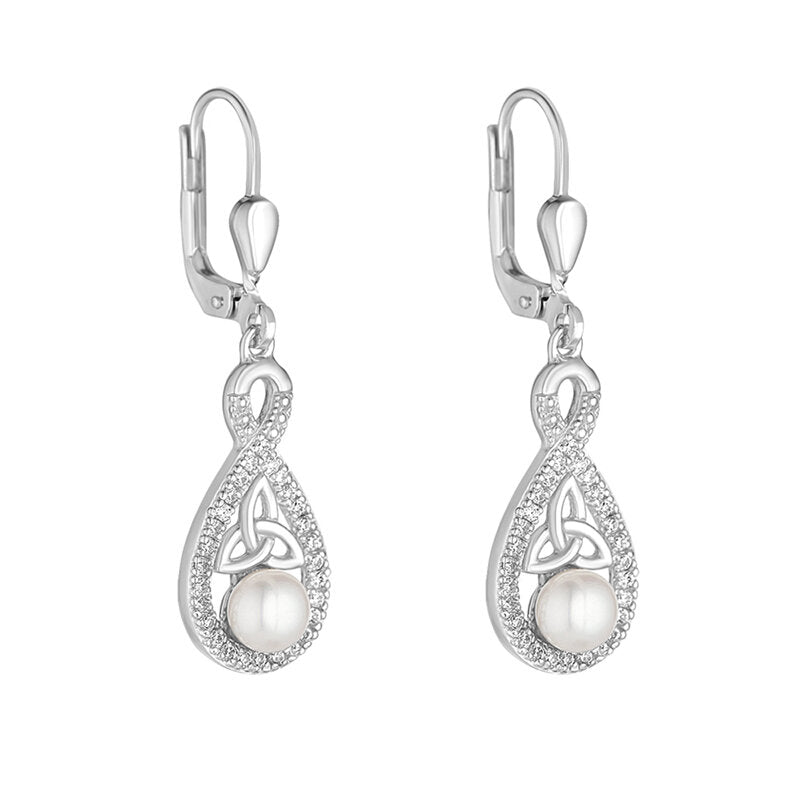 STERLING SILVER CRYSTAL AND PEARL TWISTED TRINITY KNOT EARRINGS