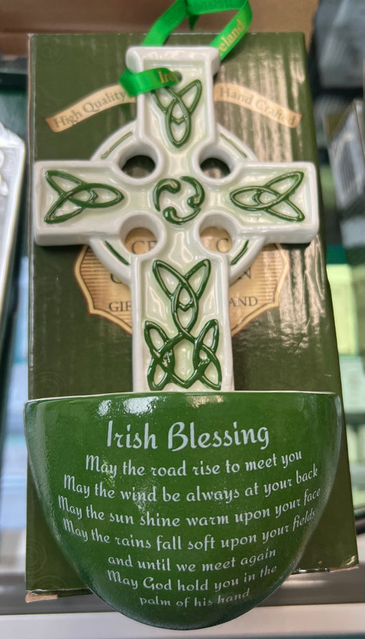 Ceramic Celtic cross water font large with Irish blessing sc03