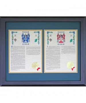 Personalized 16 x 20 Walnut Frame His & Her Coat of Arms With last Name History Matted & Framed Print