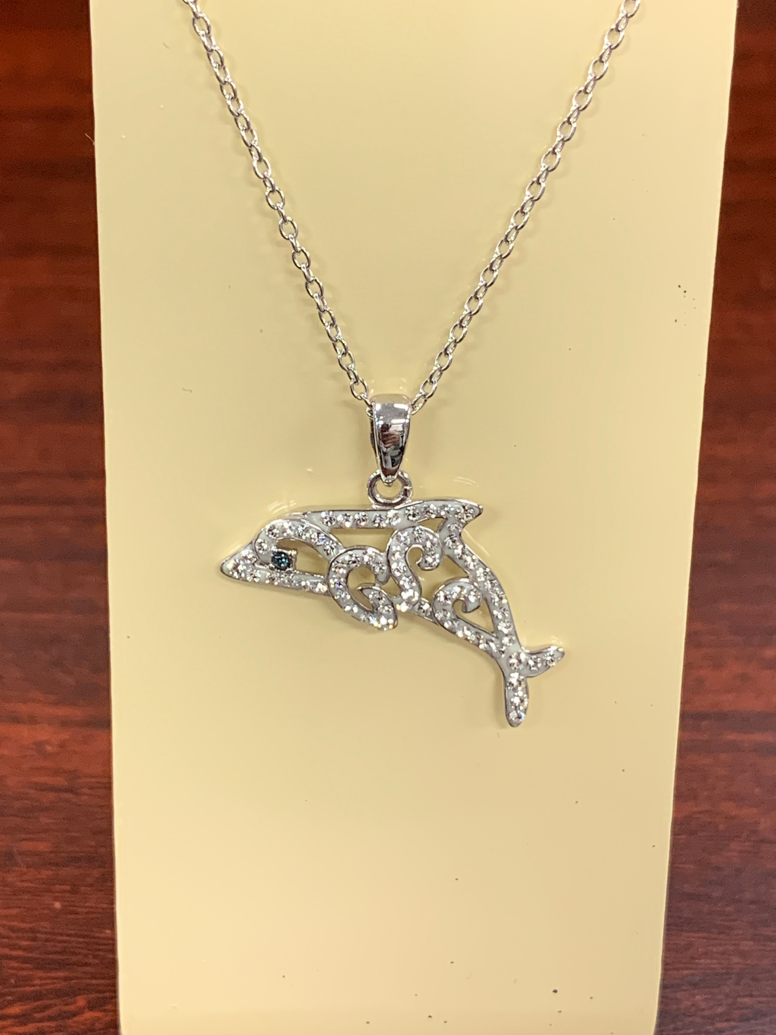 Silver Dolphin with Swarvoski Crystals and Blue Stone