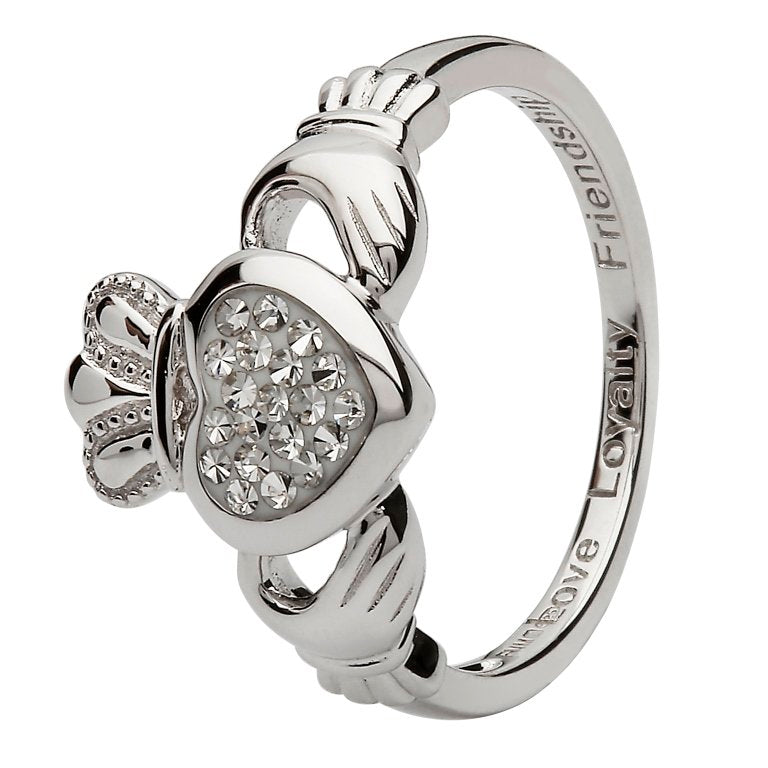 Claddagh Silver Ring Encrusted With White Crystal SW85