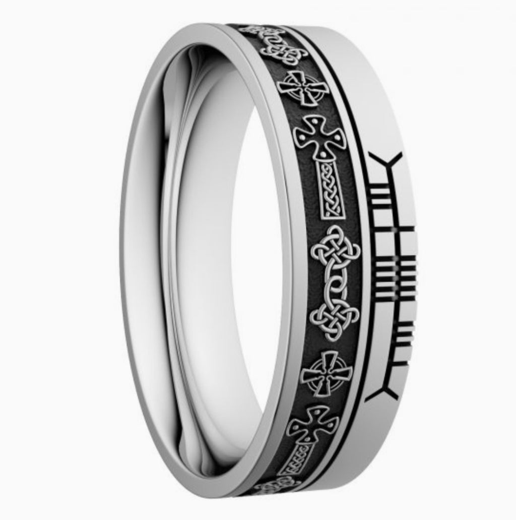 Comfort Fit Celtic Cross Style Ogham Wedding Ring